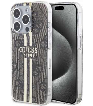 Rudas dėklas Apple iPhone 15 Pro telefonui "Guess IML 4G Gold Stripe Case"