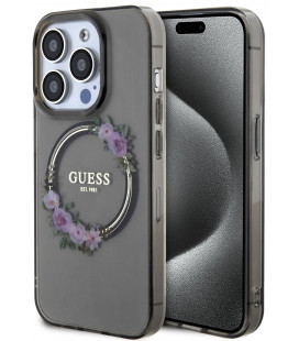 Juodas dėklas Apple iPhone 13 Pro telefonui "Guess PC/TPU Flowers Ring Glossy Logo MagSafe Case"