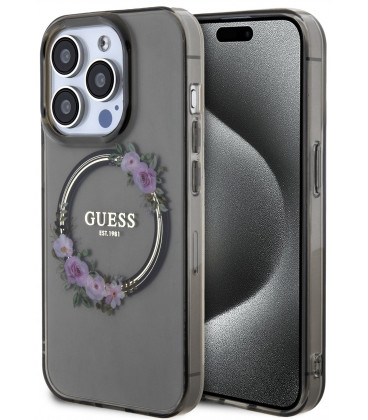 Juodas dėklas Apple iPhone 13 Pro telefonui "Guess PC/TPU Flowers Ring Glossy Logo MagSafe Case"