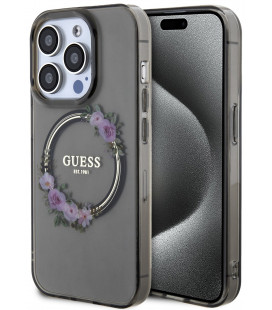 Juodas dėklas Apple iPhone 15 Pro telefonui "Guess PC/TPU Flowers Ring Glossy Logo MagSafe Case"