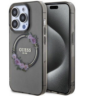 Juodas dėklas Apple iPhone 15 Pro Max telefonui "Guess PC/TPU Flowers Ring Glossy Logo MagSafe Case"