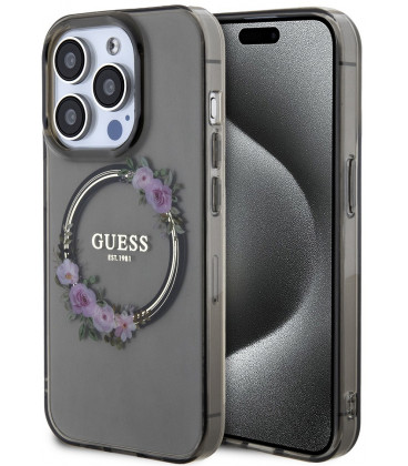 Juodas dėklas Apple iPhone 15 Pro Max telefonui "Guess PC/TPU Flowers Ring Glossy Logo MagSafe Case"