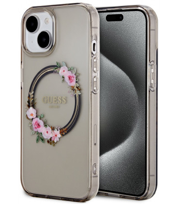 Juodas dėklas Apple iPhone 15 telefonui "Guess PC/TPU Flowers Ring Glossy Logo MagSafe Case"