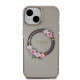 Juodas dėklas Apple iPhone 15 telefonui "Guess PC/TPU Flowers Ring Glossy Logo MagSafe Case"