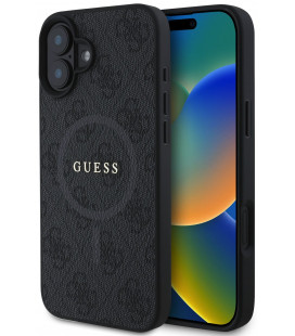 Juodas dėklas Apple iPhone 16 Plus telefonui "Guess PU Leather 4G Colored Ring MagSafe Case"