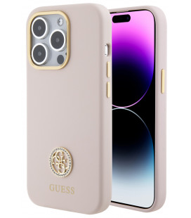 Rožinis dėklas Apple iPhone 15 Pro telefonui "Guess Liquid Silicone 4G Strass Metal Logo Case"