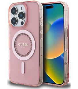 Rožinis dėklas Apple iPhone 16 Pro telefonui "Guess IML Rhinestones Ring MagSafe Case"