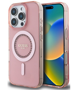 Rožinis dėklas Apple iPhone 16 Pro Max telefonui "Guess IML Rhinestones Ring MagSafe Case"