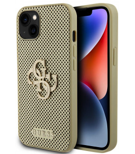 Auksinės spalvos dėklas Apple iPhone 15 telefonui "Guess PU Perforated 4G Glitter Metal Logo Case"