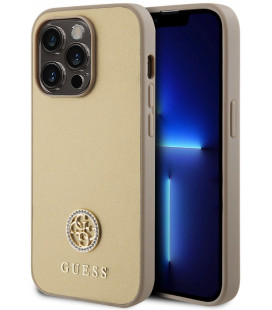 Auksinės spalvos dėklas Apple iPhone 15 Pro telefonui "Guess PU 4G Strass Metal Logo Case"