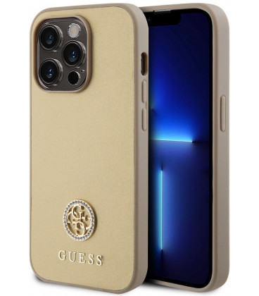 Auksinės spalvos dėklas Apple iPhone 15 Pro telefonui "Guess PU 4G Strass Metal Logo Case"