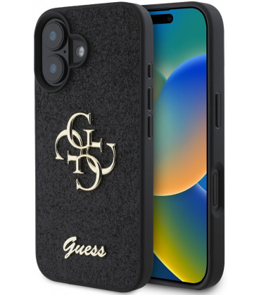 Juodas dėklas Apple iPhone 16 Plus telefonui "Guess PU Fixed Glitter 4G Metal Logo Case"