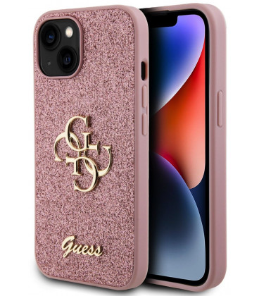 Rožinis dėklas Apple iPhone 15 telefonui "Guess PU Fixed Glitter 4G Metal Logo Case"