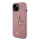 Rožinis dėklas Apple iPhone 15 telefonui "Guess PU Fixed Glitter 4G Metal Logo Case"