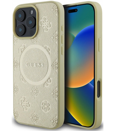 Auksinės spalvos dėklas Apple iPhone 16 Pro telefonui "Guess Saffiano Peony Stamp MagSafe Case"