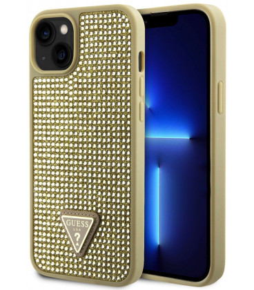 Auksinės spalvos dėklas Apple iPhone 15 telefonui "Guess Rhinestones Triangle Metal Logo Case"