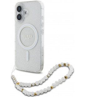 Skaidrus dėklas Apple iPhone 16 telefonui "Guess IML Glitter Beads Strap MagSafe Case"