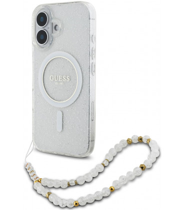 Skaidrus dėklas Apple iPhone 16 telefonui "Guess IML Glitter Beads Strap MagSafe Case"