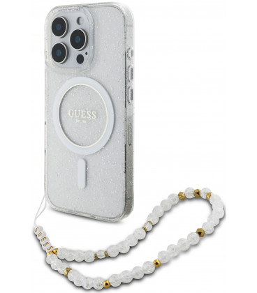 Skaidrus dėklas Apple iPhone 16 Pro telefonui "Guess IML Glitter Beads Strap MagSafe Case"