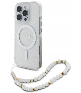 Skaidrus dėklas Apple iPhone 16 Pro Max telefonui "Guess IML Glitter Beads Strap MagSafe Case"