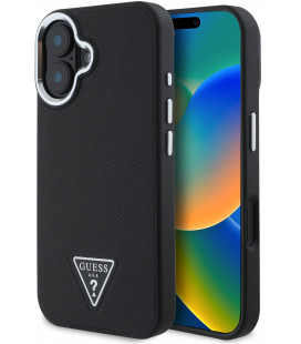 Juodas dėklas Apple iPhone 16 telefonui "Guess PU Grained Triangle Logo Case"