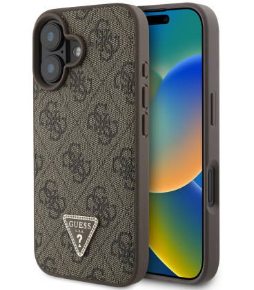 Rudas dėklas Apple iPhone 16 telefonui "Guess PU 4G Strass Triangle Metal Logo Case"