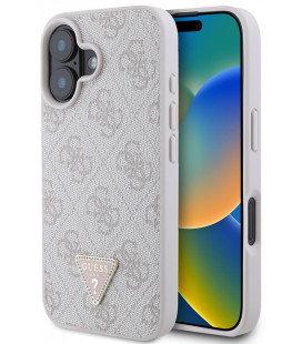 Rožinis dėklas Apple iPhone 16 telefonui "Guess PU 4G Strass Triangle Metal Logo Case"