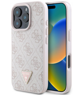 Rožinis dėklas Apple iPhone 16 Pro telefonui "Guess PU 4G Strass Triangle Metal Logo Case"