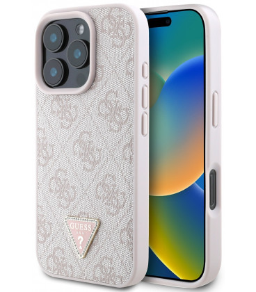 Rožinis dėklas Apple iPhone 16 Pro telefonui "Guess PU 4G Strass Triangle Metal Logo Case"