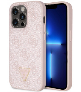 Rožinis dėklas Apple iPhone 15 Pro telefonui "Guess PU 4G Strass Triangle Metal Logo Case"