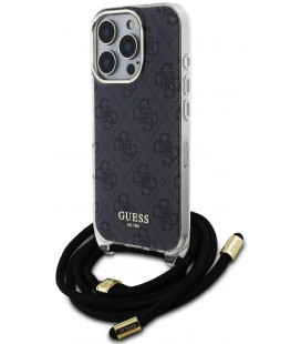 Juodas dėklas su dirželiu Apple iPhone 16 Pro telefonui "Guess IML 4G Printed Crossbody Strap Case"