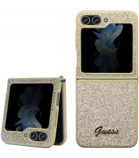 Auksinės spalvos dėklas Samsung Galaxy Z Flip 5 telefonui "Guess PC/TPU Glitter Flakes Metal Logo Case"