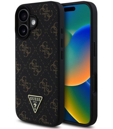 Juodas dėklas Apple iPhone 16 telefonui "Guess PU Leather 4G Triangle Metal Logo Case"