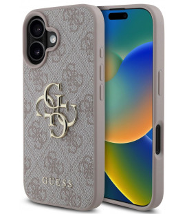 Rožinis dėklas Apple iPhone 16 telefonui "Guess PU 4G Metal Logo Case"