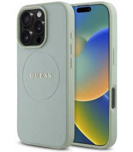 Žalias dėklas Apple iPhone 16 Pro telefonui "Guess PU Grained Classic Logo MagSafe Case"