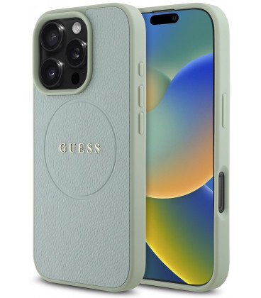 Žalias dėklas Apple iPhone 16 Pro telefonui "Guess PU Grained Classic Logo MagSafe Case"