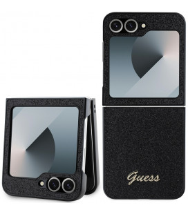 Juodas dėklas Samsung Galaxy Z Flip 6 / 7 FE telefonui "Guess PC/TPU Glitter Flakes Metal Logo Case"