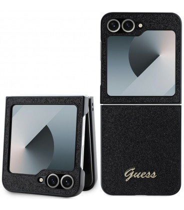 Juodas dėklas Samsung Galaxy Z Flip 6 / 7 FE telefonui "Guess PC/TPU Glitter Flakes Metal Logo Case"