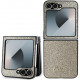 Auksinės spalvos dėklas Samsung Galaxy Z Flip 6 / 7 FE telefonui "Guess PC/TPU Glitter Flakes Metal Logo Case"