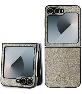 Auksinės spalvos dėklas Samsung Galaxy Z Flip 6 / 7 FE telefonui "Guess PC/TPU Glitter Flakes Metal Logo Case"