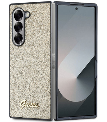 Auksinės spalvos dėklas Samsung Galaxy Z Fold 6 telefonui "Guess PC/TPU Glitter Flakes Metal Logo Case"