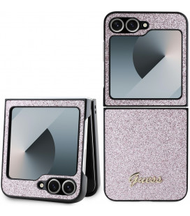 Rožinis dėklas Samsung Galaxy Z Flip 6 / 7 FE telefonui "Guess PC/TPU Glitter Flakes Metal Logo Case"