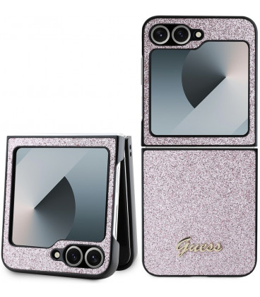 Rožinis dėklas Samsung Galaxy Z Flip 6 / 7 FE telefonui "Guess PC/TPU Glitter Flakes Metal Logo Case"