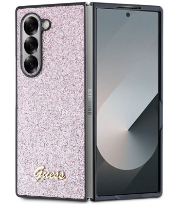 Rožinis dėklas Samsung Galaxy Z Fold 6 telefonui "Guess PC/TPU Glitter Flakes Metal Logo Case"