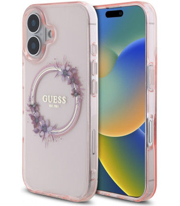 Rožinis dėklas Apple iPhone 16 telefonui "Guess IML Flowers Ring MagSafe Case"