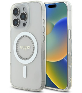 Skaidrus (Baltas) dėklas Apple iPhone 16 Pro telefonui "Guess IML Rhinestones Ring MagSafe Case"