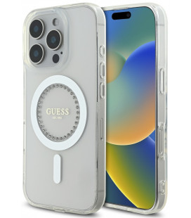 Skaidrus (Baltas) dėklas Apple iPhone 16 Pro Max telefonui "Guess IML Rhinestones Ring MagSafe Case"