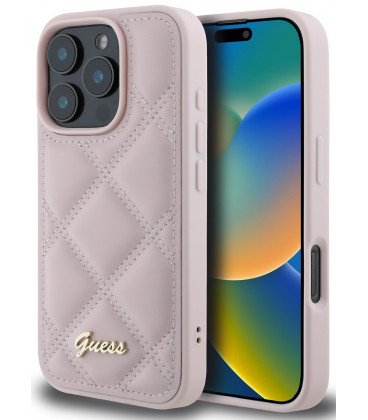 Rožinis dėklas Apple iPhone 16 Pro Max telefonui "Guess PU Leather Quilted Case"