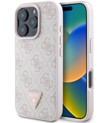 Rožinis dėklas Apple iPhone 16 Pro Max telefonui "Guess PU 4G Strass Triangle Metal Logo Case"