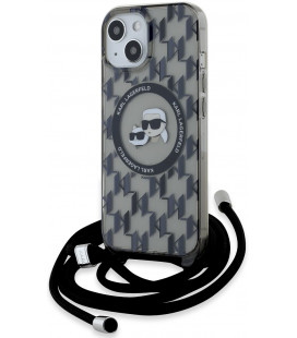 Juodas dėklas Apple iPhone 15 telefonui "Karl Lagerfeld IML Monogram Crossbody K&CH Heads MagSafe Case"